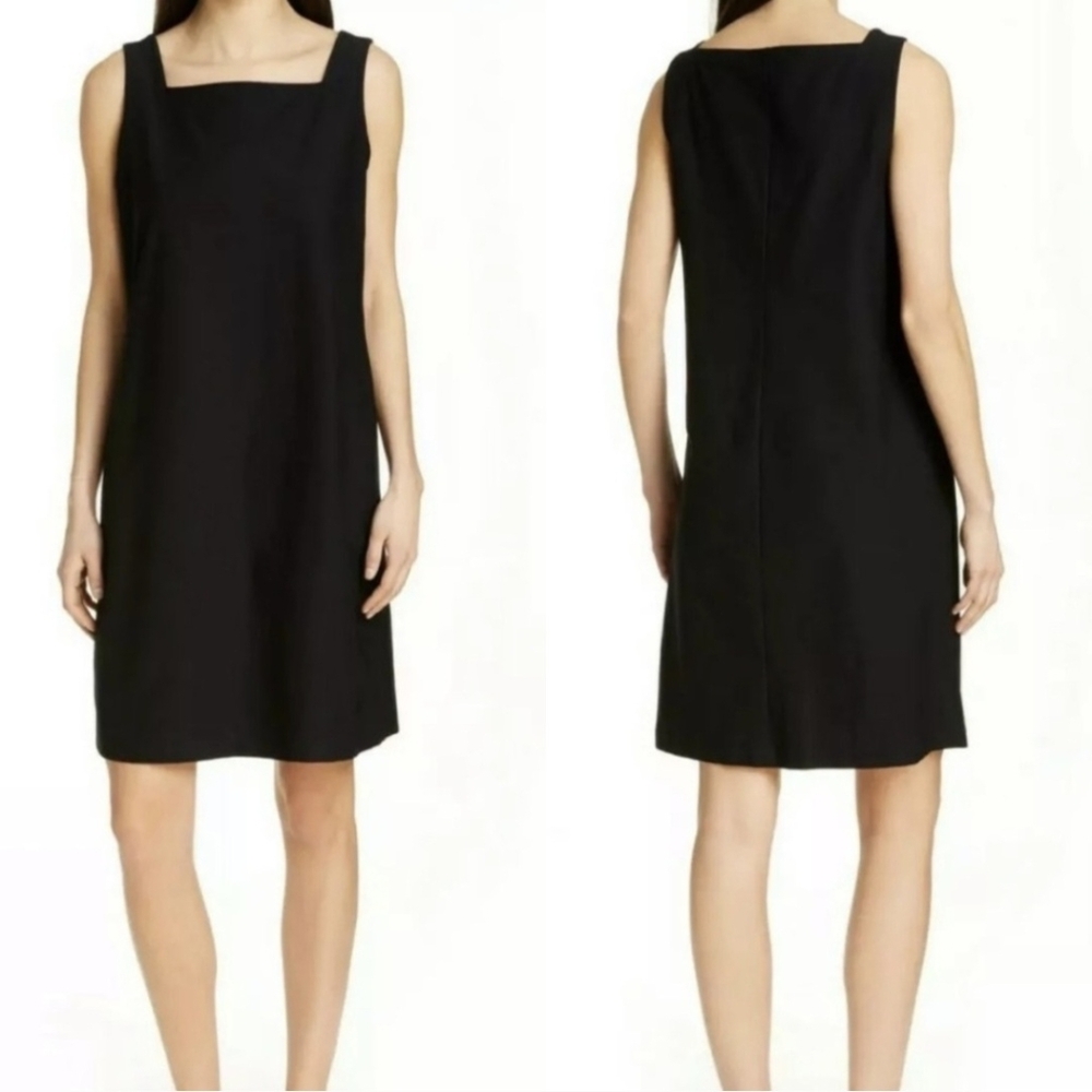 Eileen Fisher Dress Black Washable Crepe Sleeveless Pullover Size L NEW